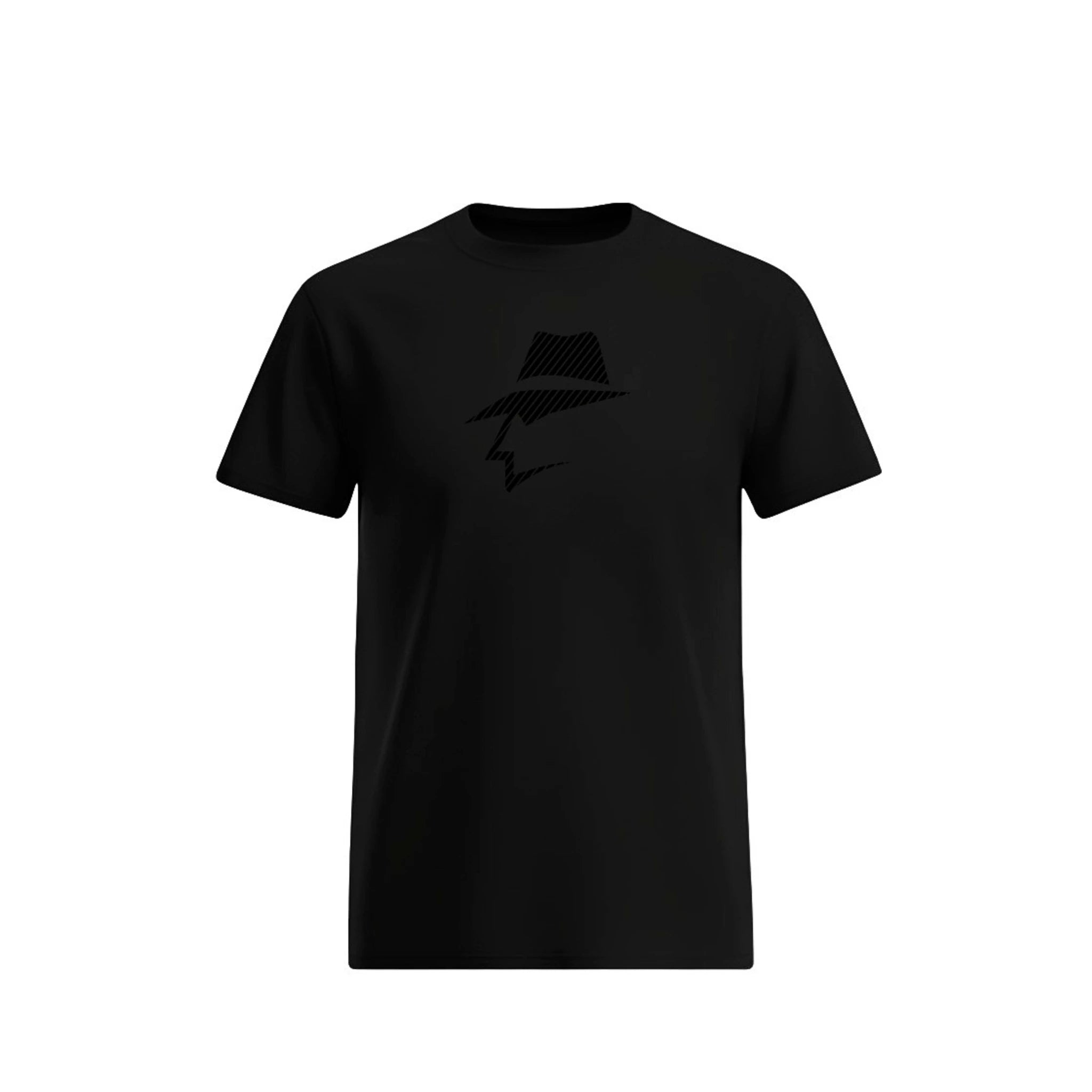 Black t-shirt with a head logo on a white background
