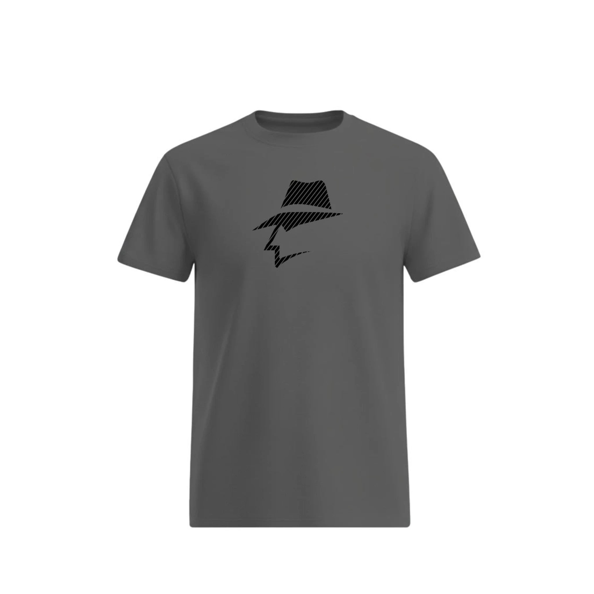 Gray t-shirt with a head logo on a white background