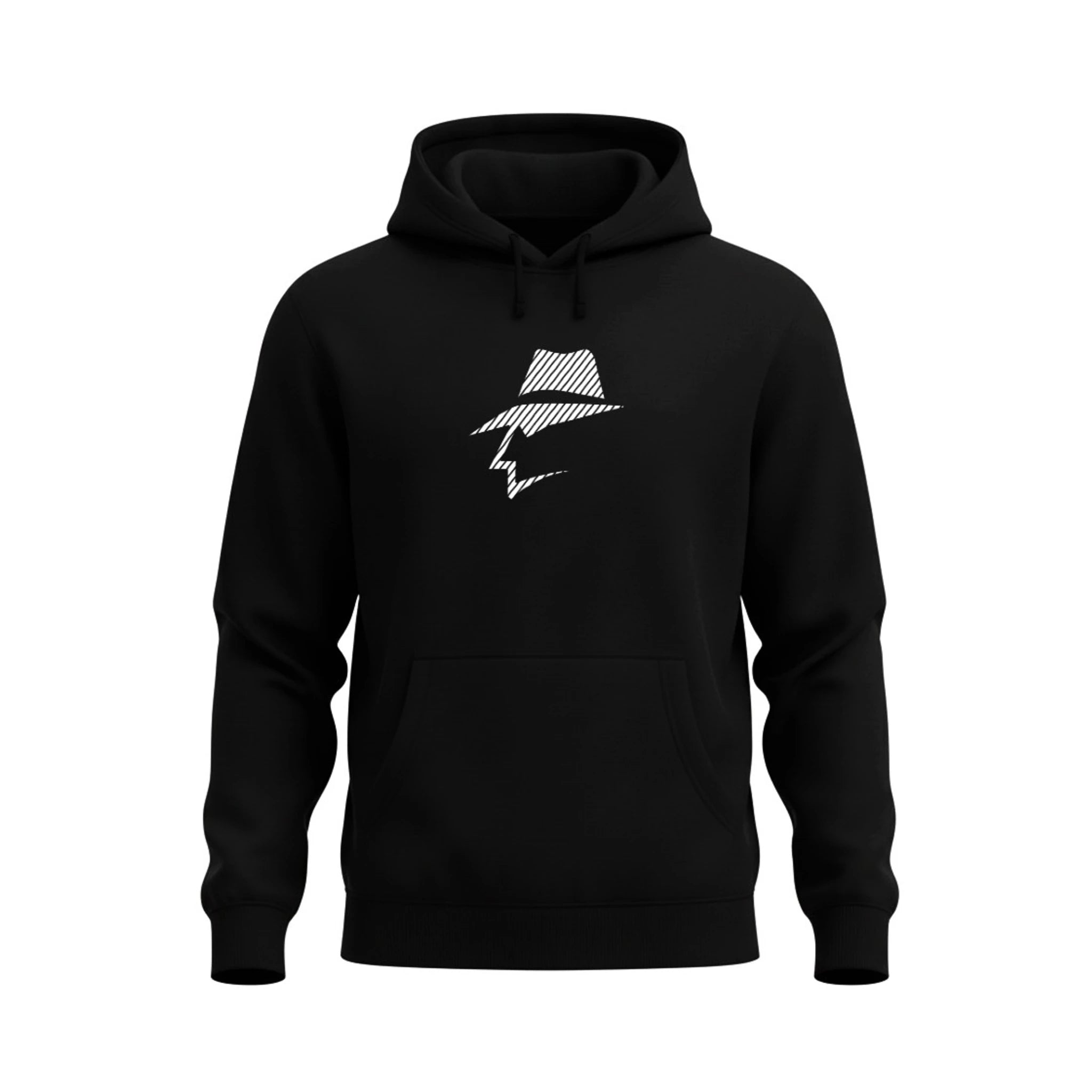 Black hoodie with a head logo design on a white background