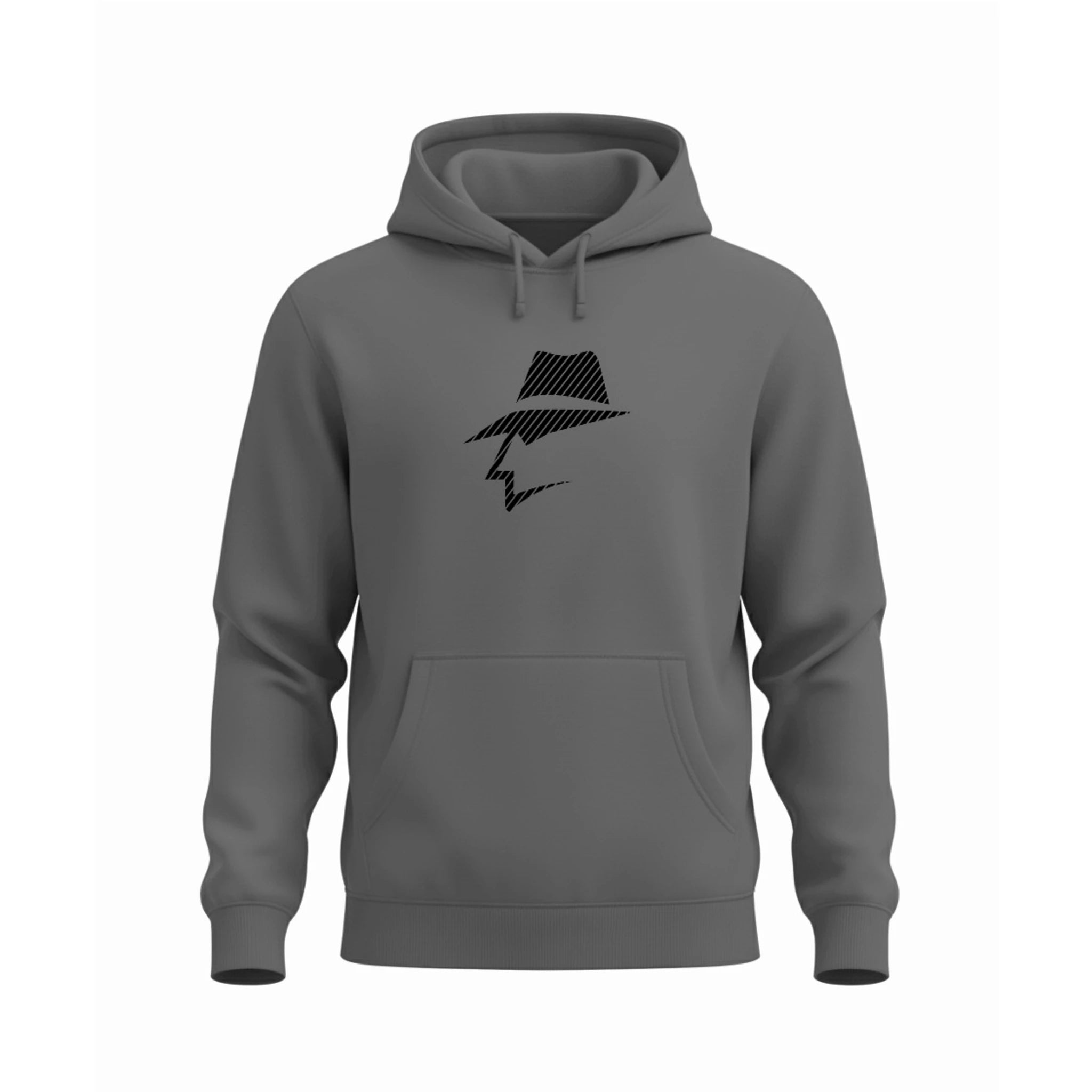 Gray hoodie with a head logo design on a white background