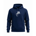 Navy blue hoodie with a head logo on a white background
