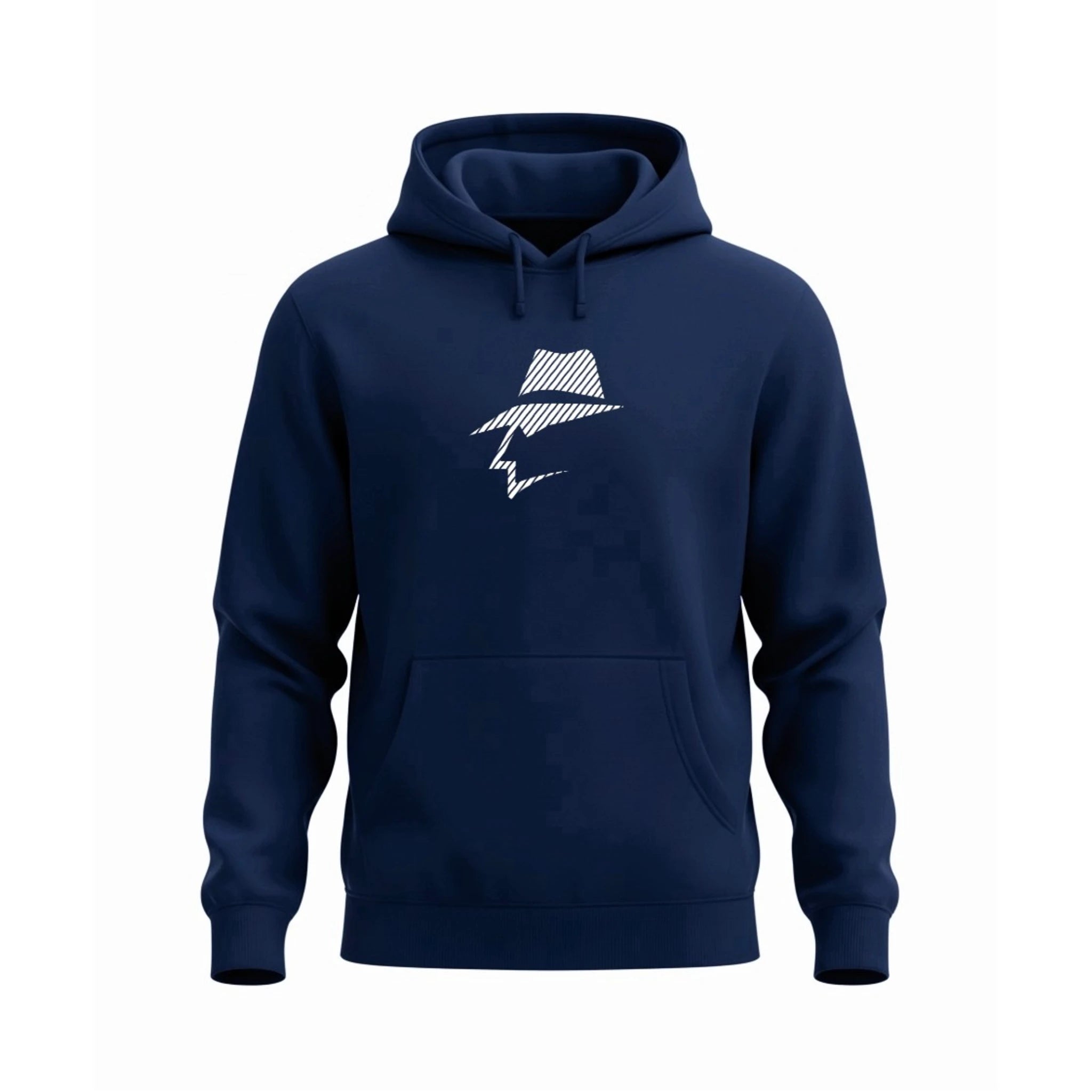 Navy blue hoodie with a head logo on a white background