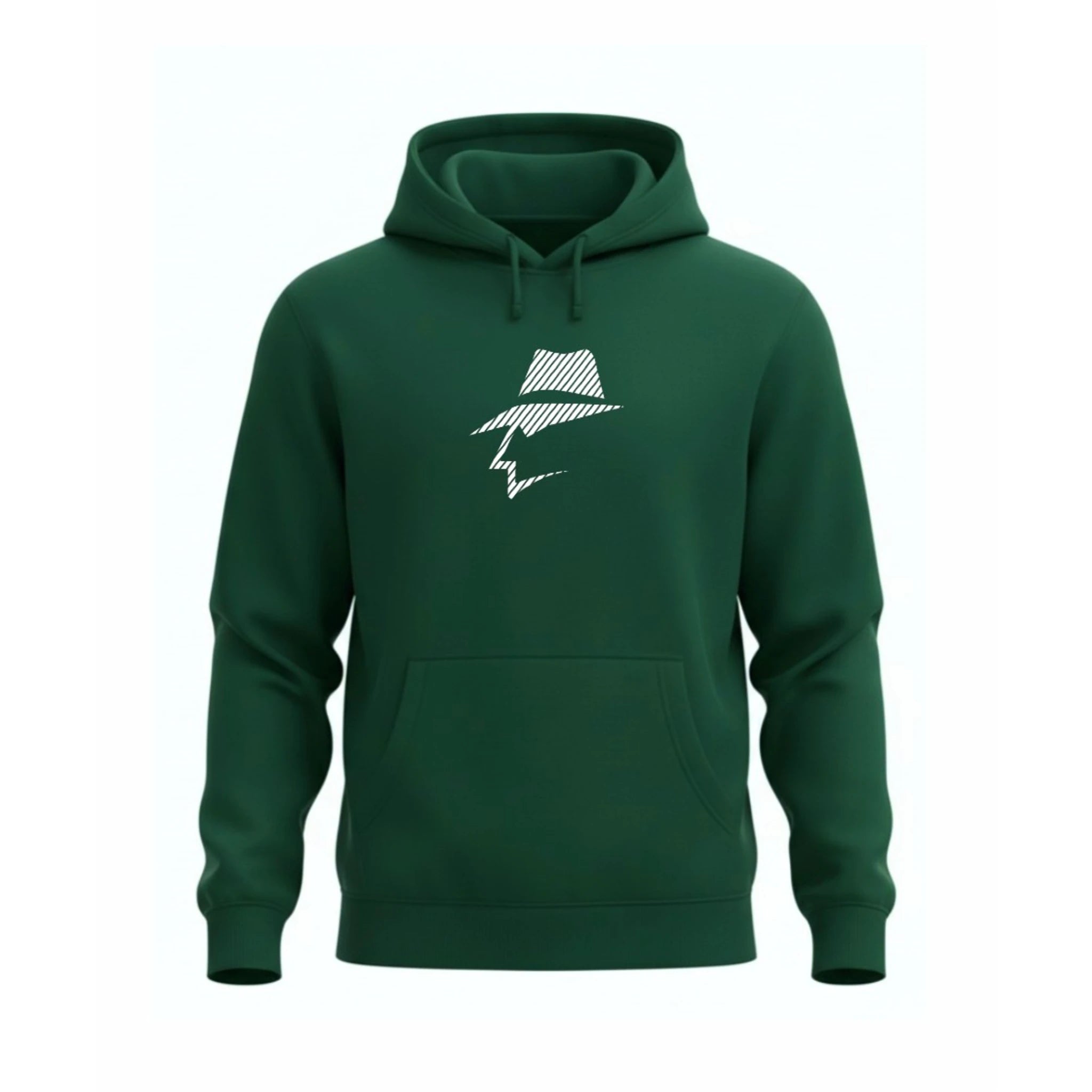 Green hoodie with a head logo on a white background