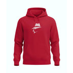 Red hoodie with a head logo on a white background