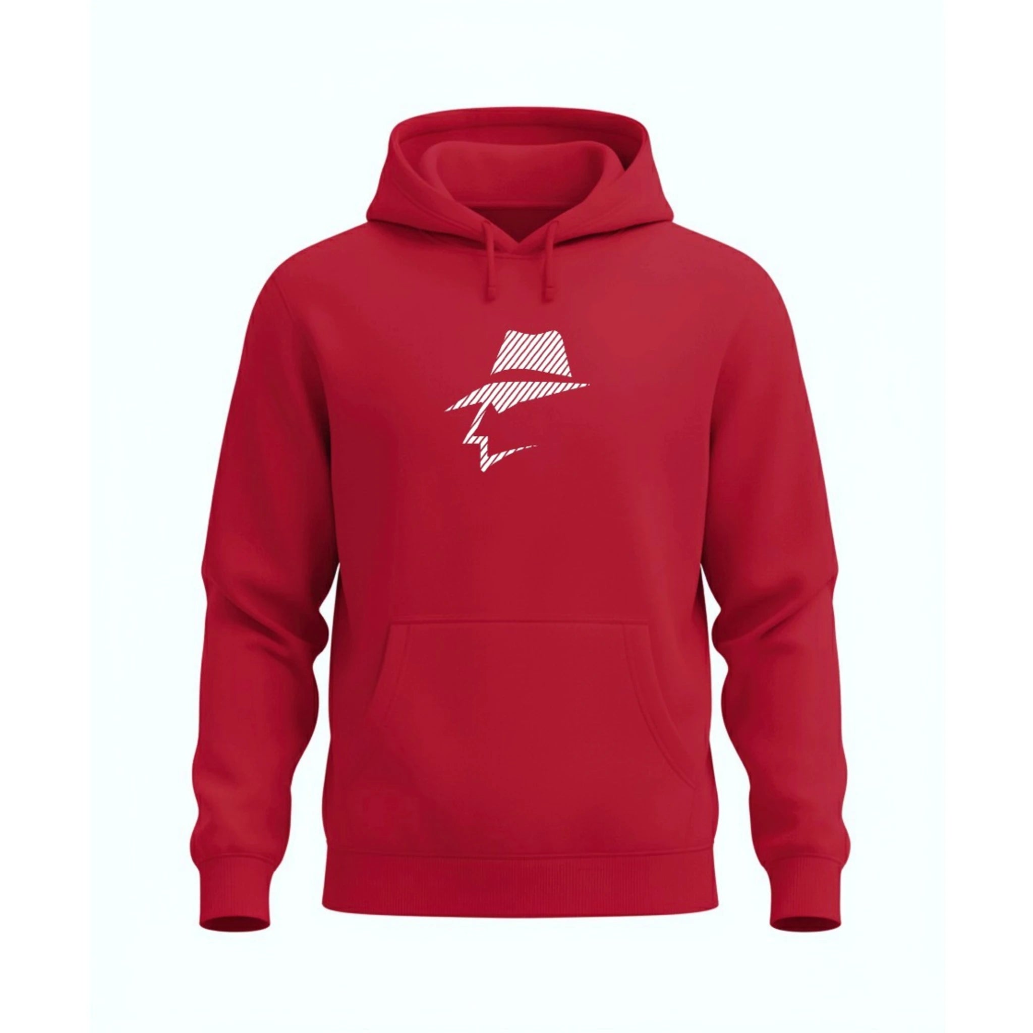 Red hoodie with a head logo on a white background
