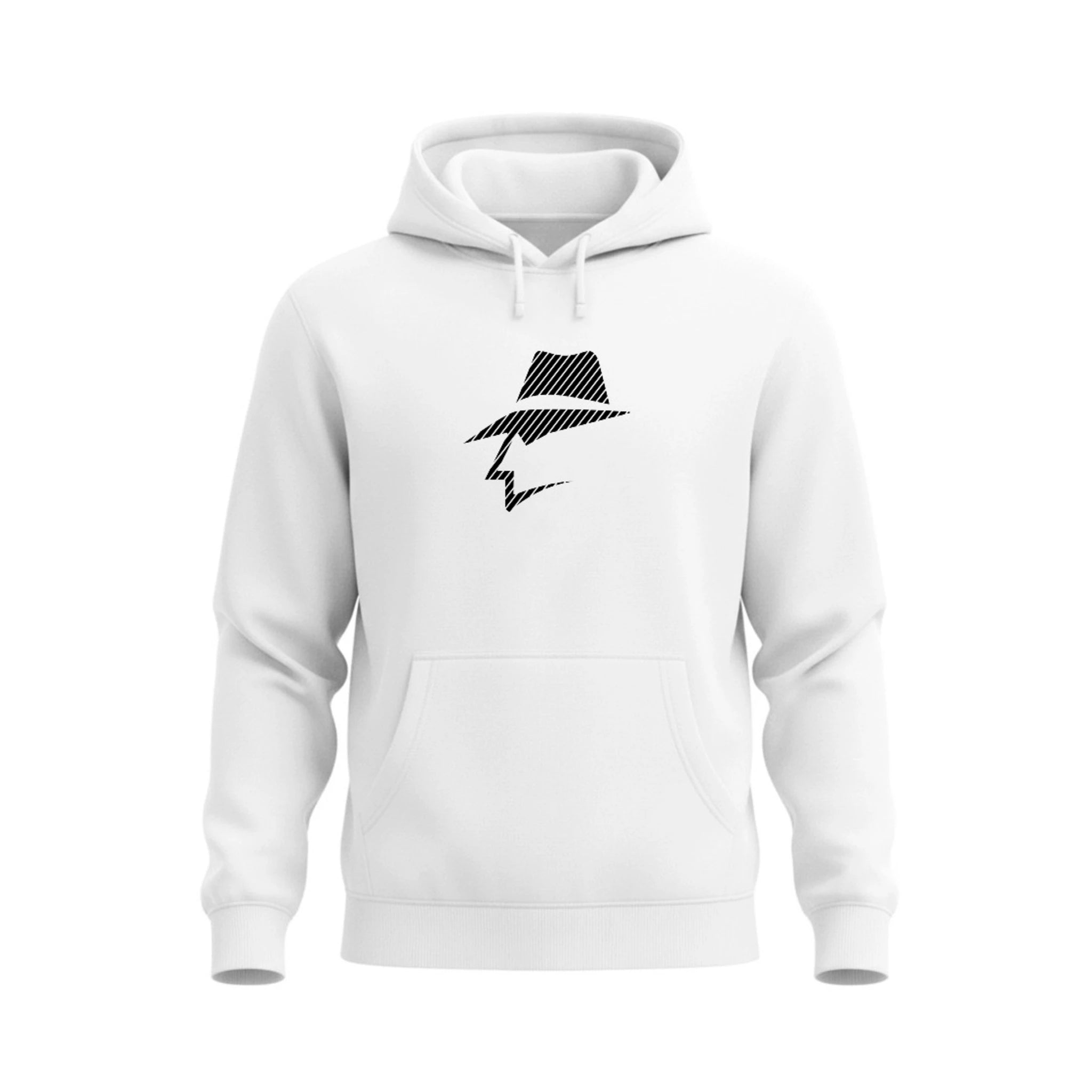 White hoodie with a head logo design on a white background