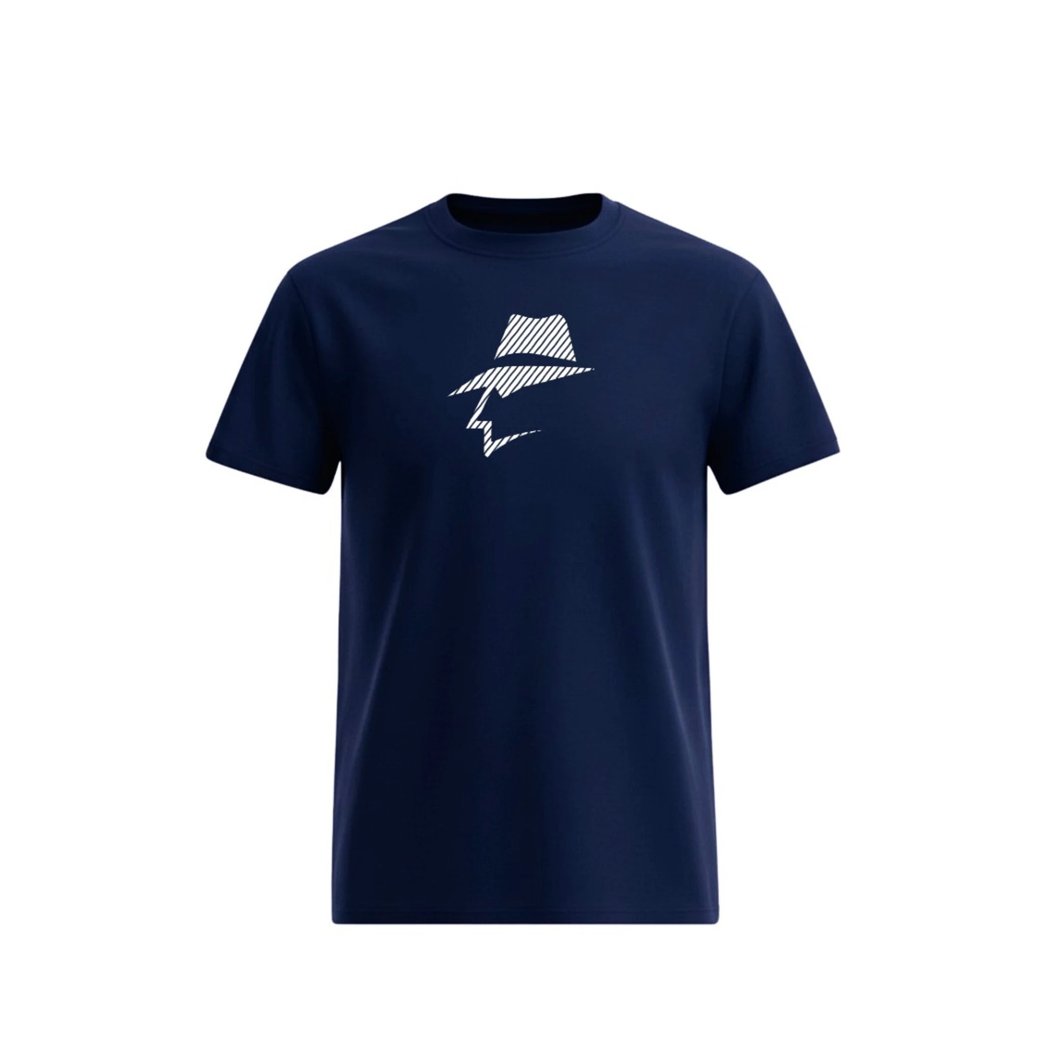 Navy blue t-shirt with a head logo on a white background