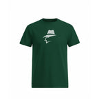 Green t-shirt with a head logo on a white background