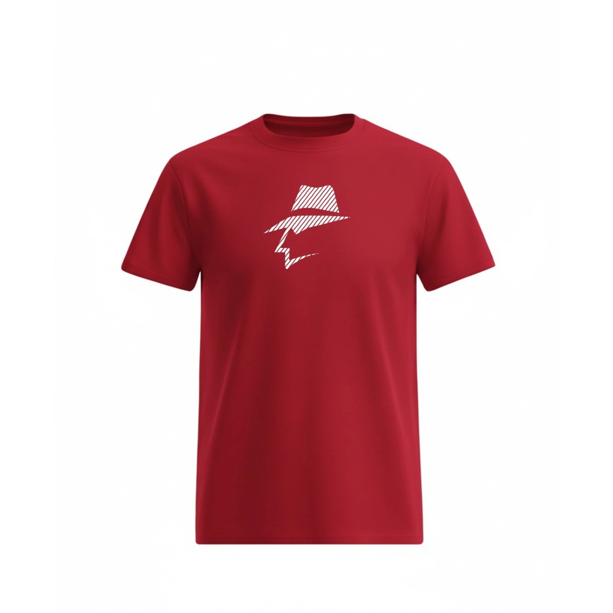 Red t-shirt with a head logo on a white background