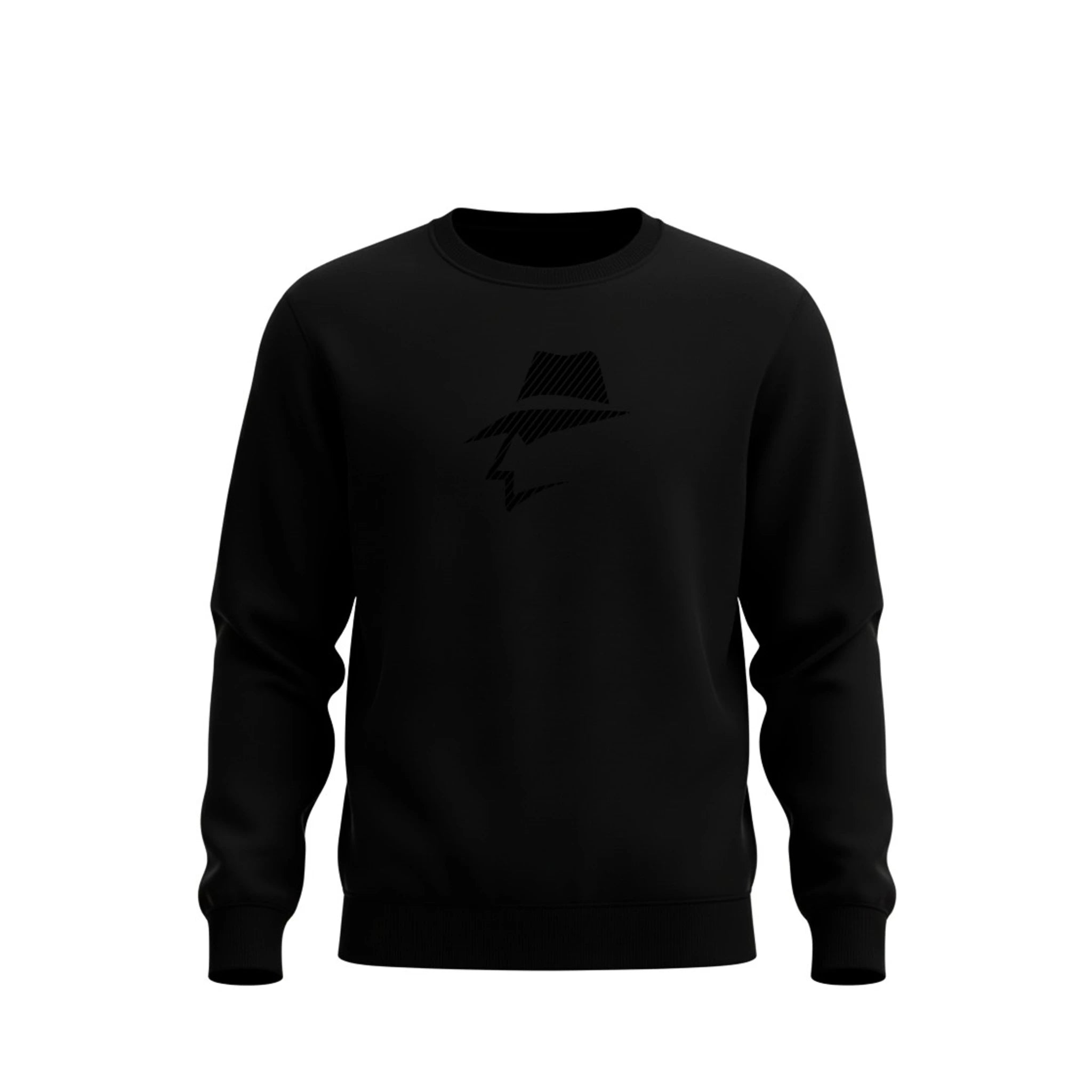 Black sweatshirt with a head logo on a white background