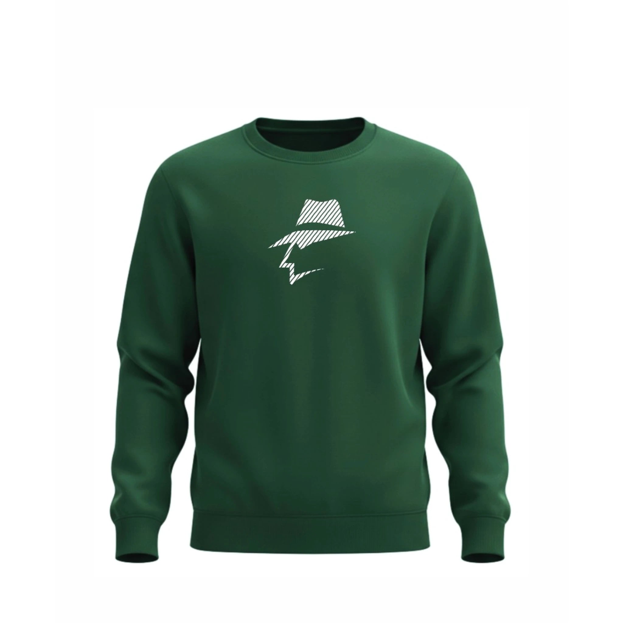 Green sweatshirt with a head logo on a white background