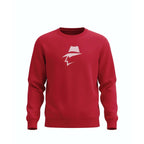 Red sweatshirt with a white head logo on a white background