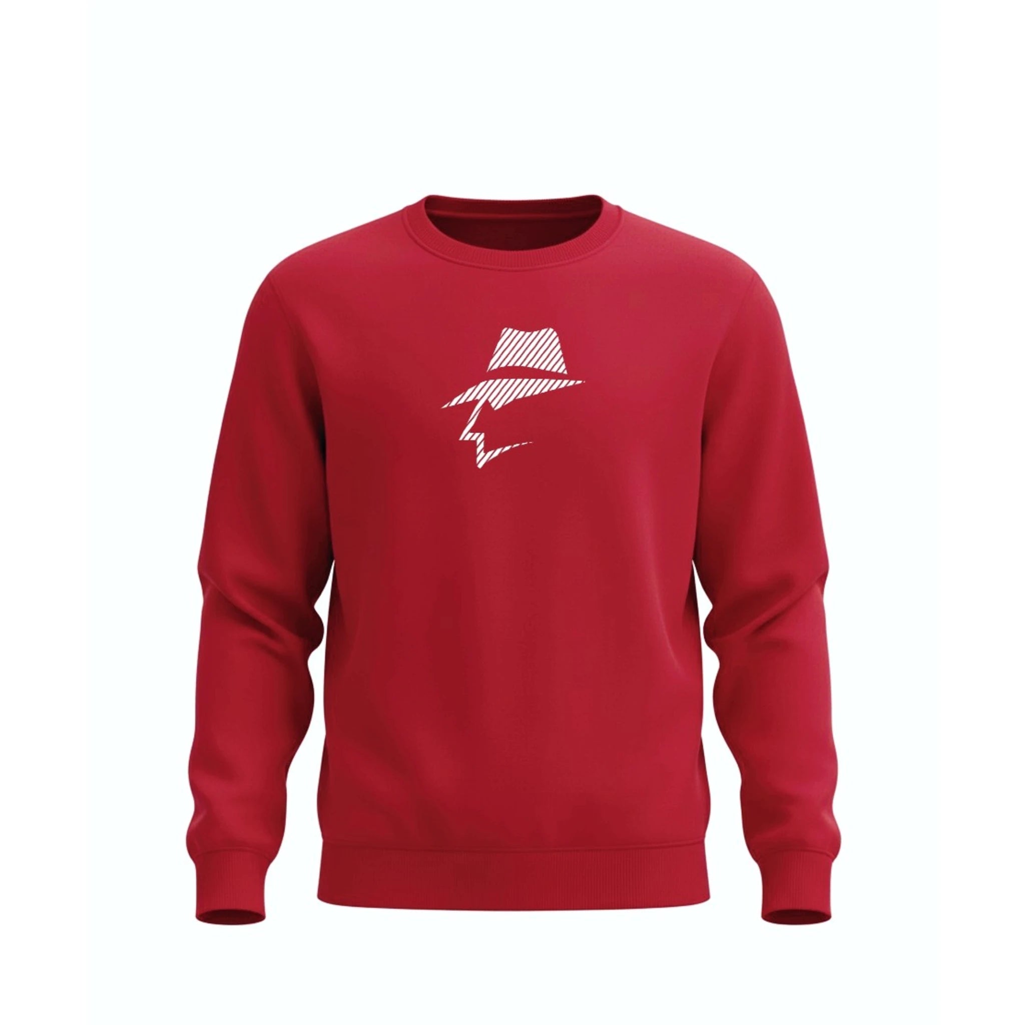 Red sweatshirt with a white head logo on a white background