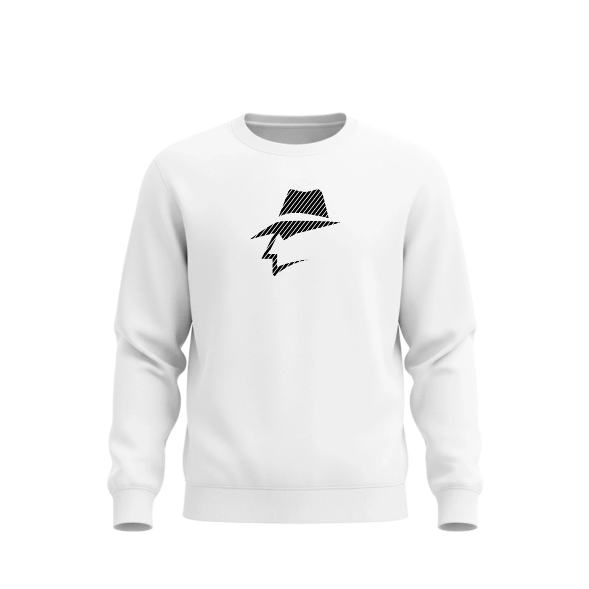White sweatshirt with a head logo design on a white background