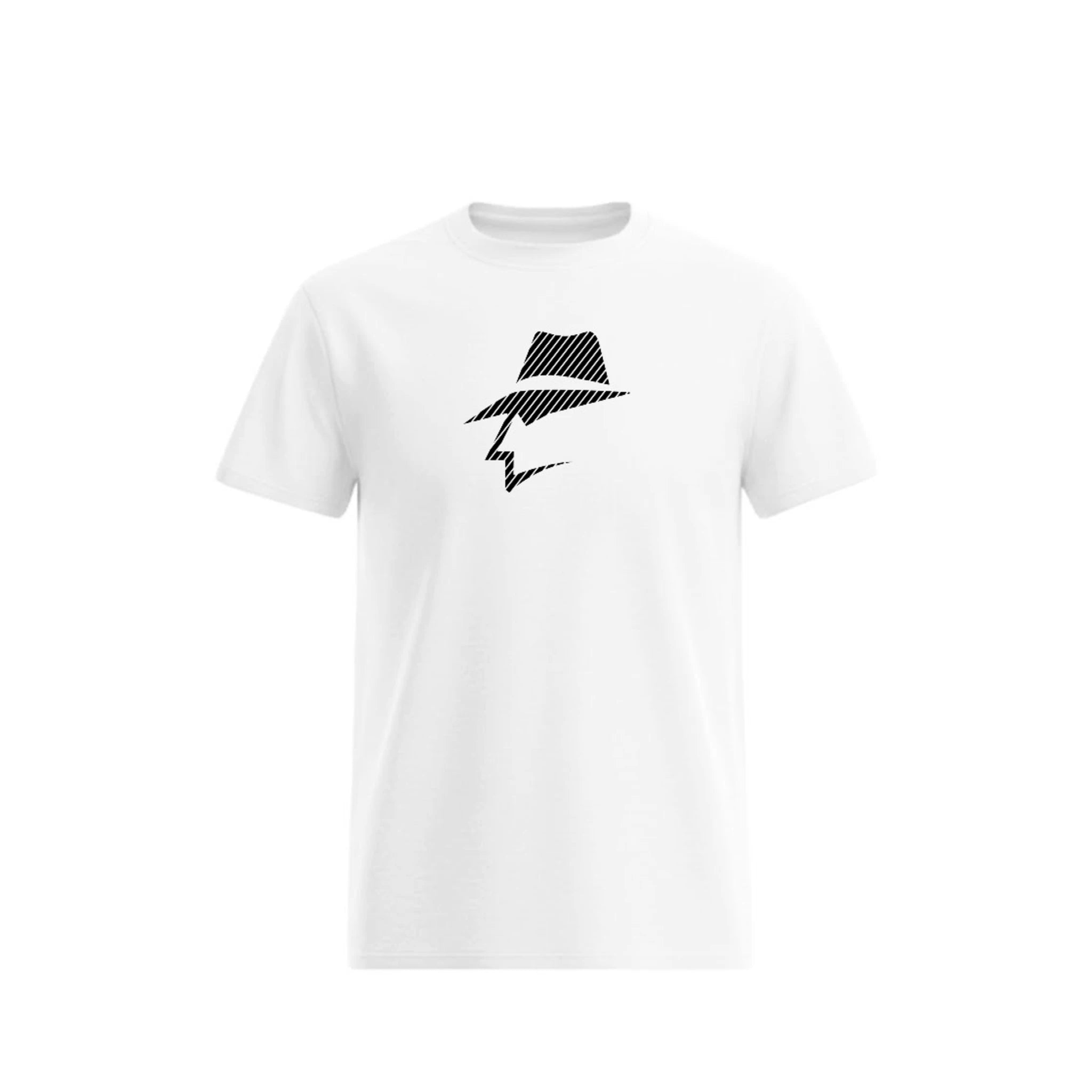 White t-shirt with black head logo on a white background