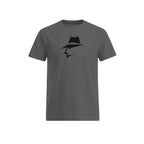 Gray t-shirt with a black pinstripe graphic design on a white background