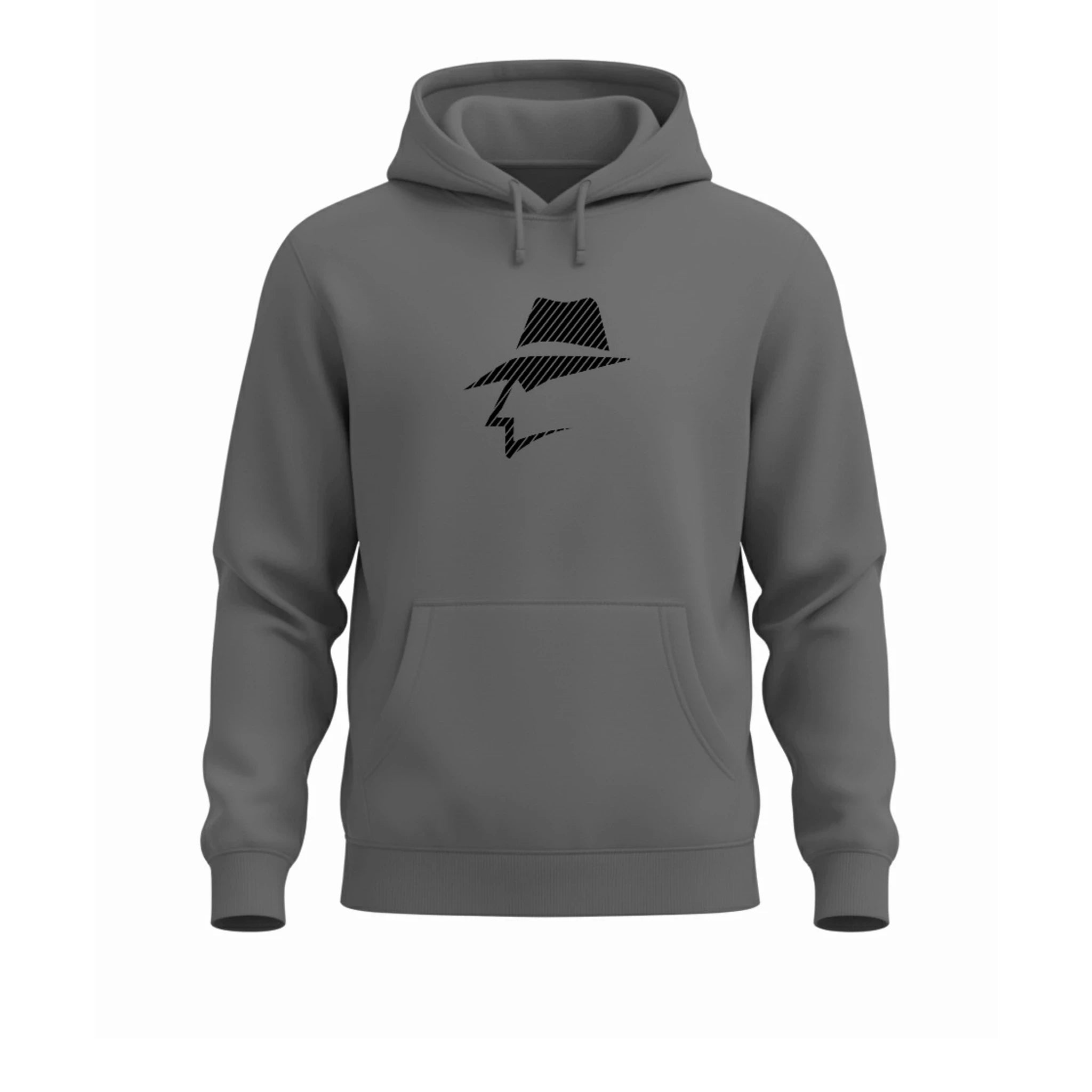 Gray hoodie with a black pinstripe logo on a white background