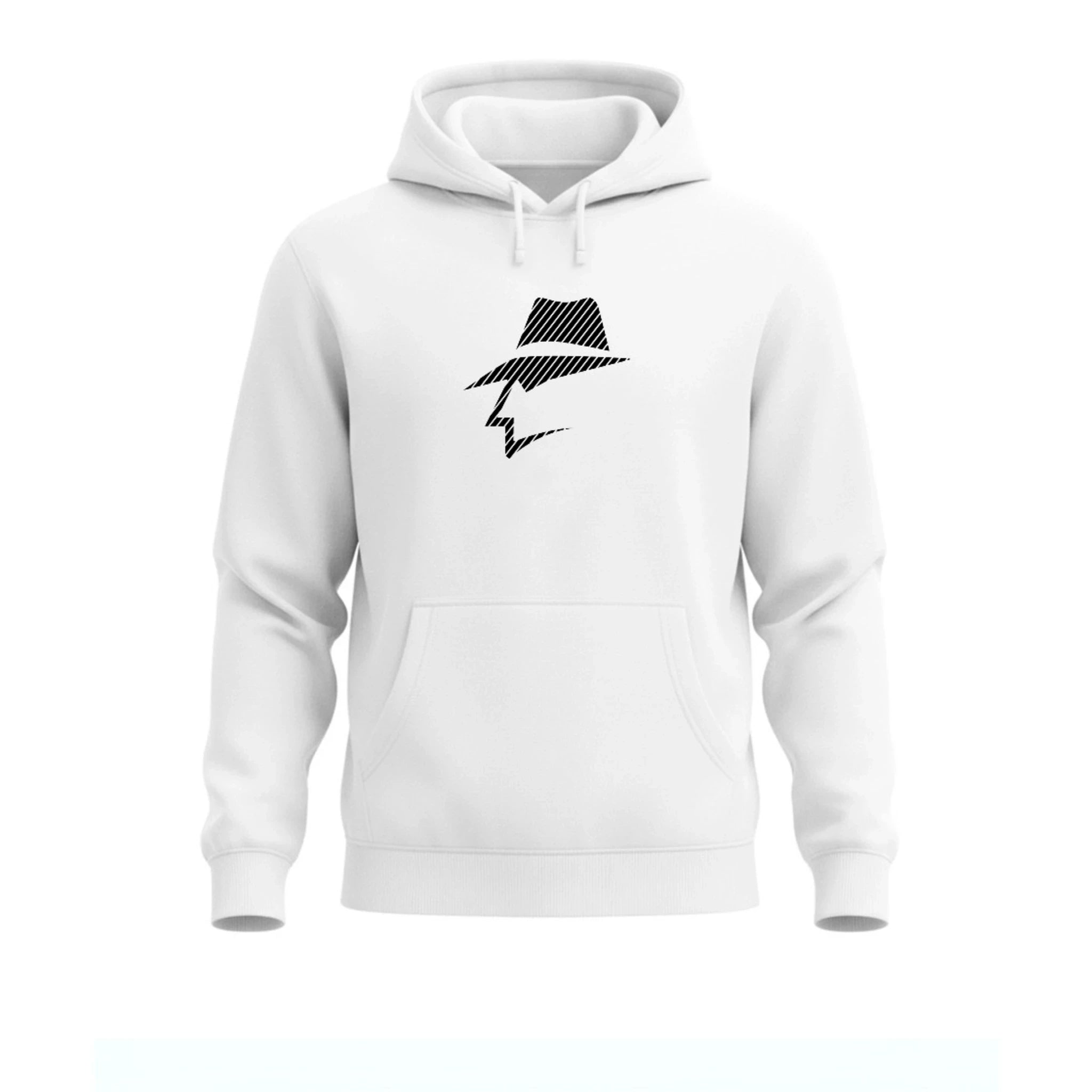 White hoodie with a black pinstripe graphic design on a white background
