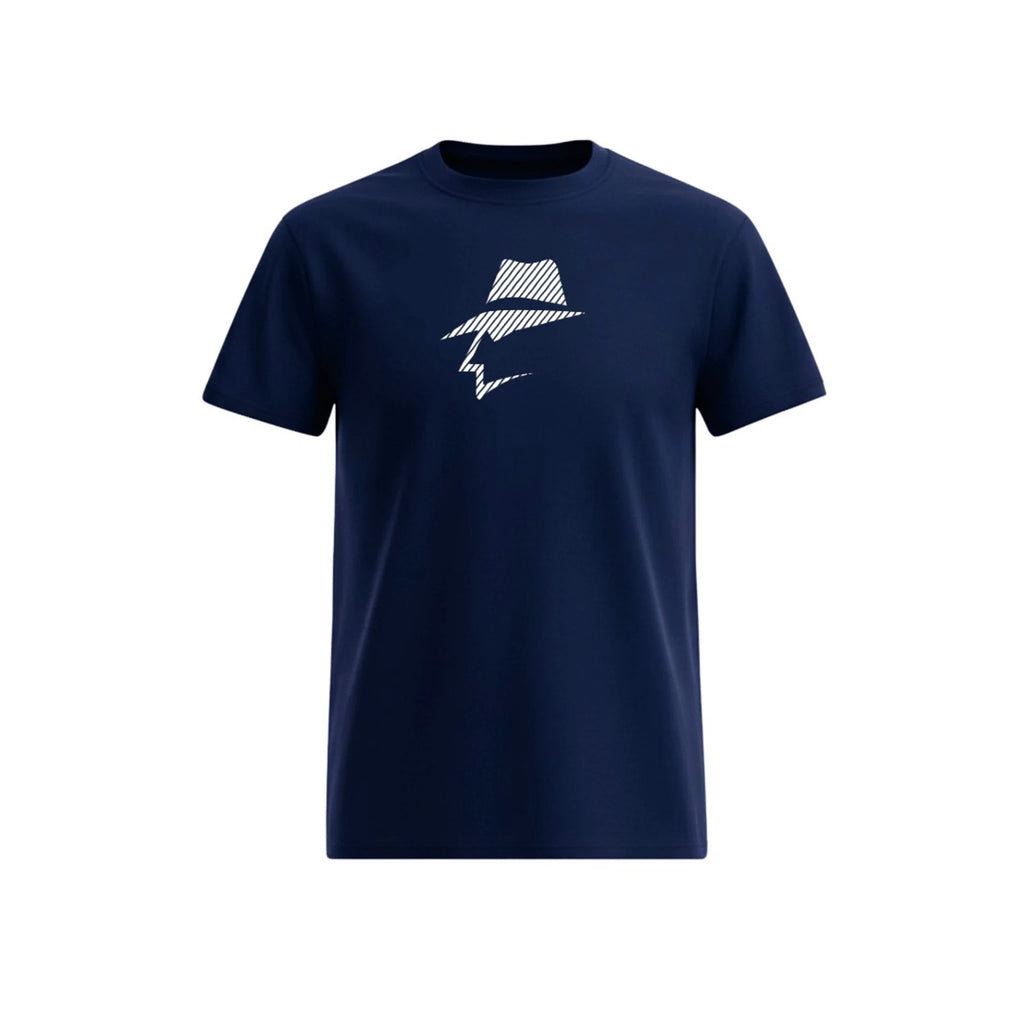 Navy blue t-shirt with a white pinstripe logo on a white background