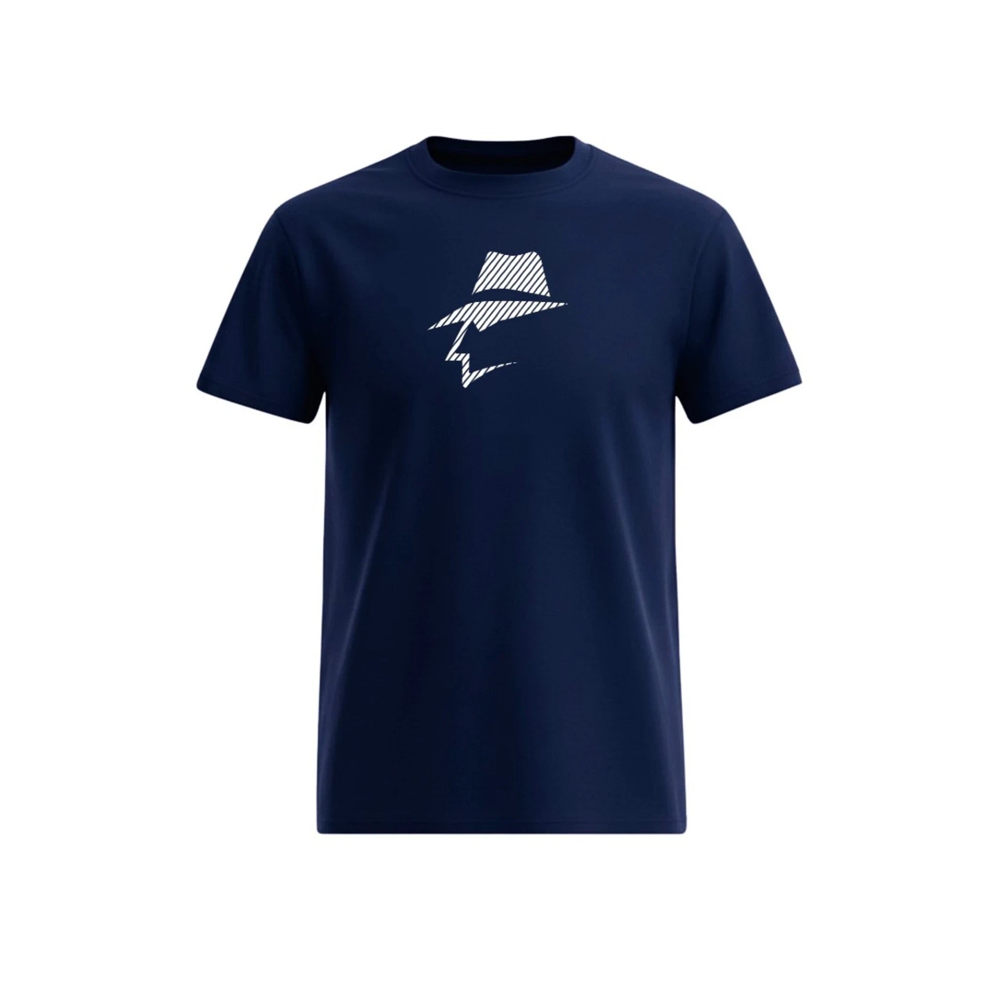 Navy blue t-shirt with a white pinstripe logo on a white background