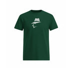 Green t-shirt with a white pinstripe graphic on a white background