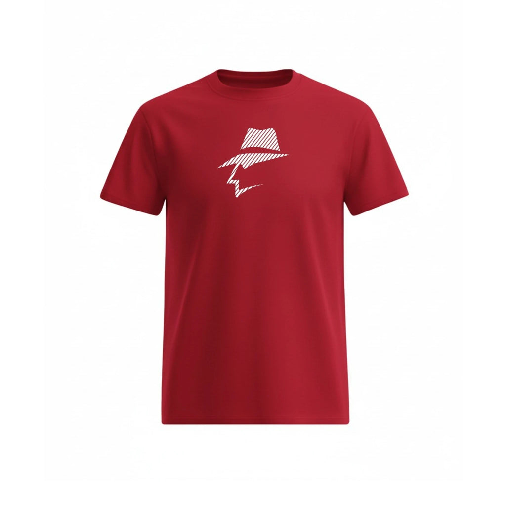 Red t-shirt with a white pinstripe graphic on a white background