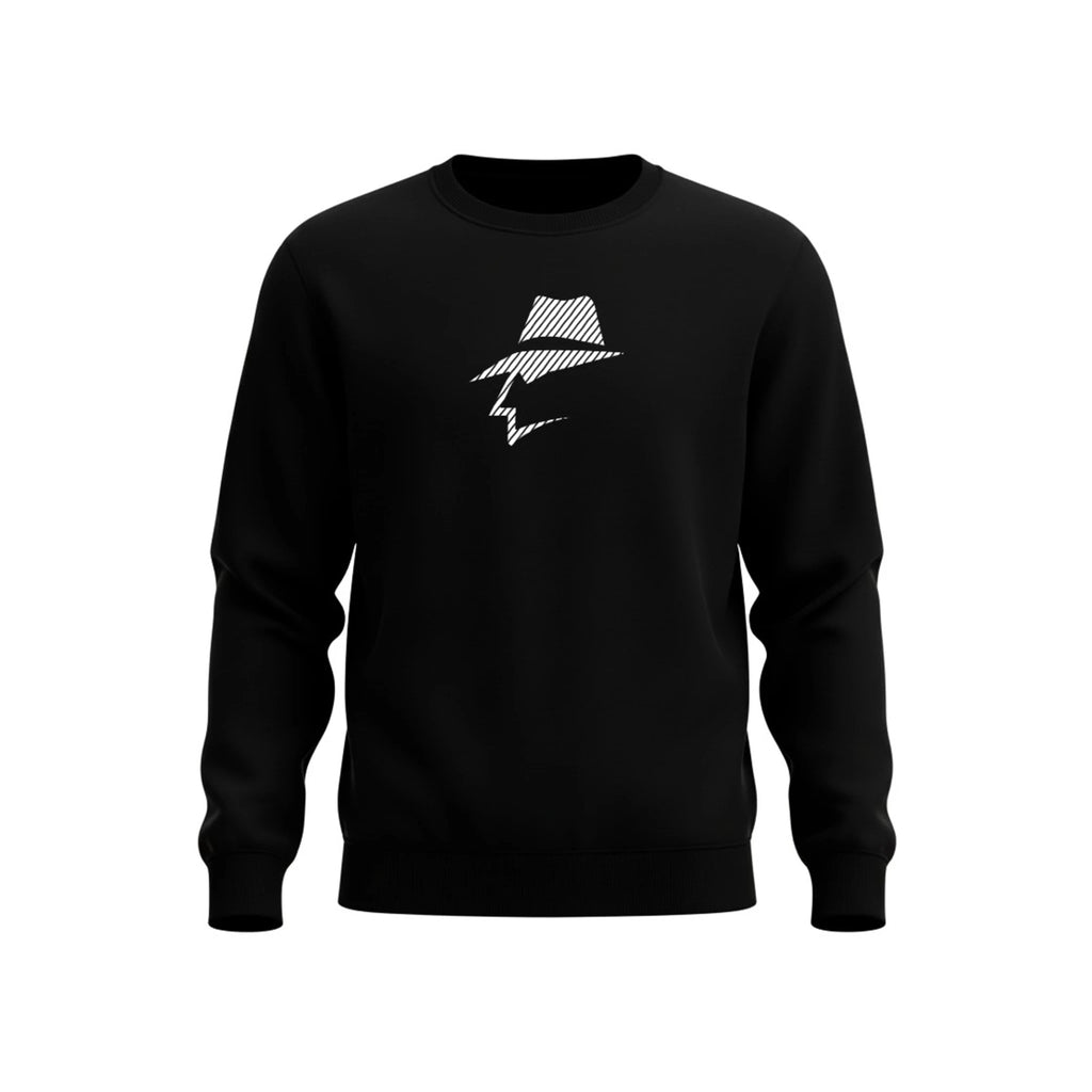 Black sweatshirt with a white pinstripe design on a white background