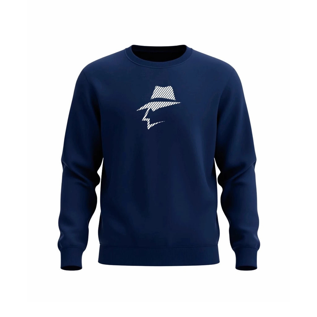 Navy blue sweatshirt with a white pinstripe graphic on a white background