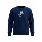 Navy blue sweatshirt with a white pinstripe graphic on a white background