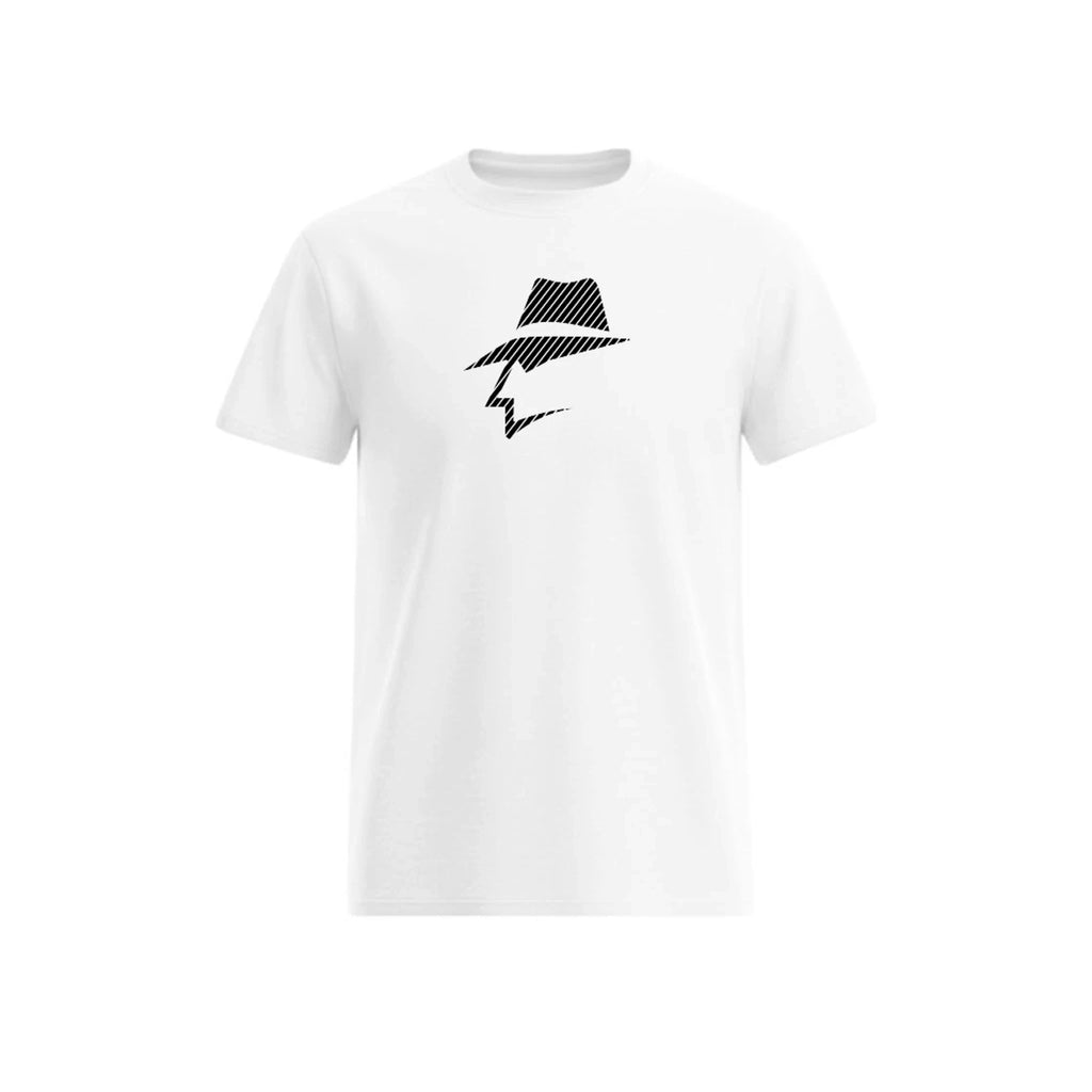 White t-shirt with a black pinstripe graphic design on a white background