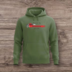 Army green hoodie with a plumber wrench on a wooden background