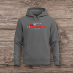 Gray hoodie with a plumber wrench graphic on a wooden surface