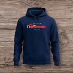 Navy blue hoodie with a plumber wrench graphic on a wooden surface