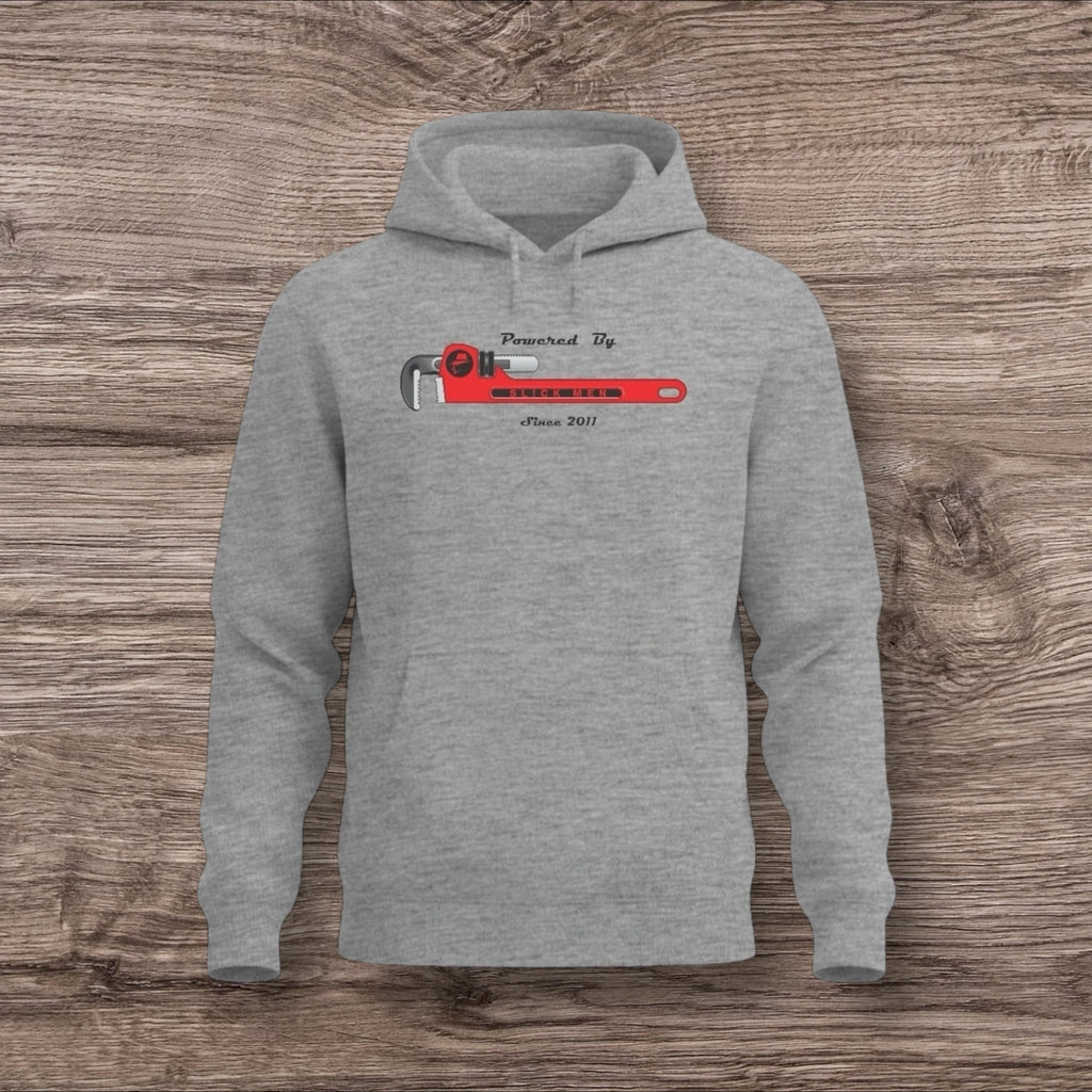 Sport gray hoodie with a plumber wrench design on a wooden surface