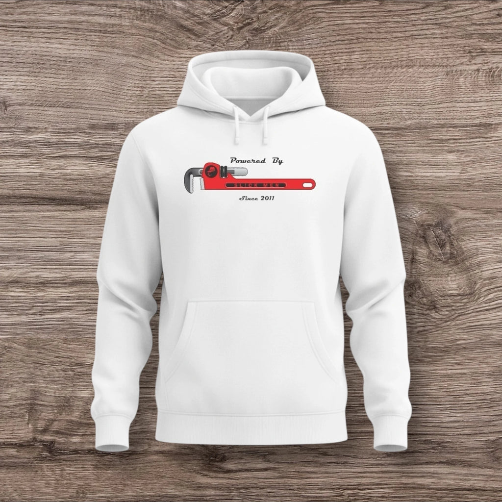White hoodie with a plumber wrench design on a wooden surface
