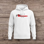White hoodie with a plumber wrench design on a wooden surface