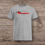 Sport gray t-shirt with a plumber wrench design on a wooden surface