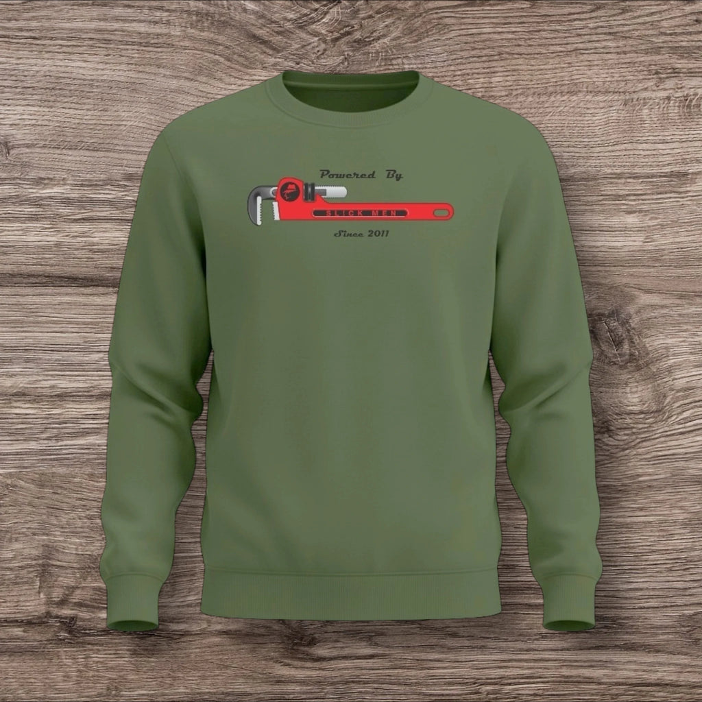 Army green sweatshirt with a plumber wrench design on a wooden surface