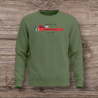 Army green sweatshirt with a plumber wrench design on a wooden surface