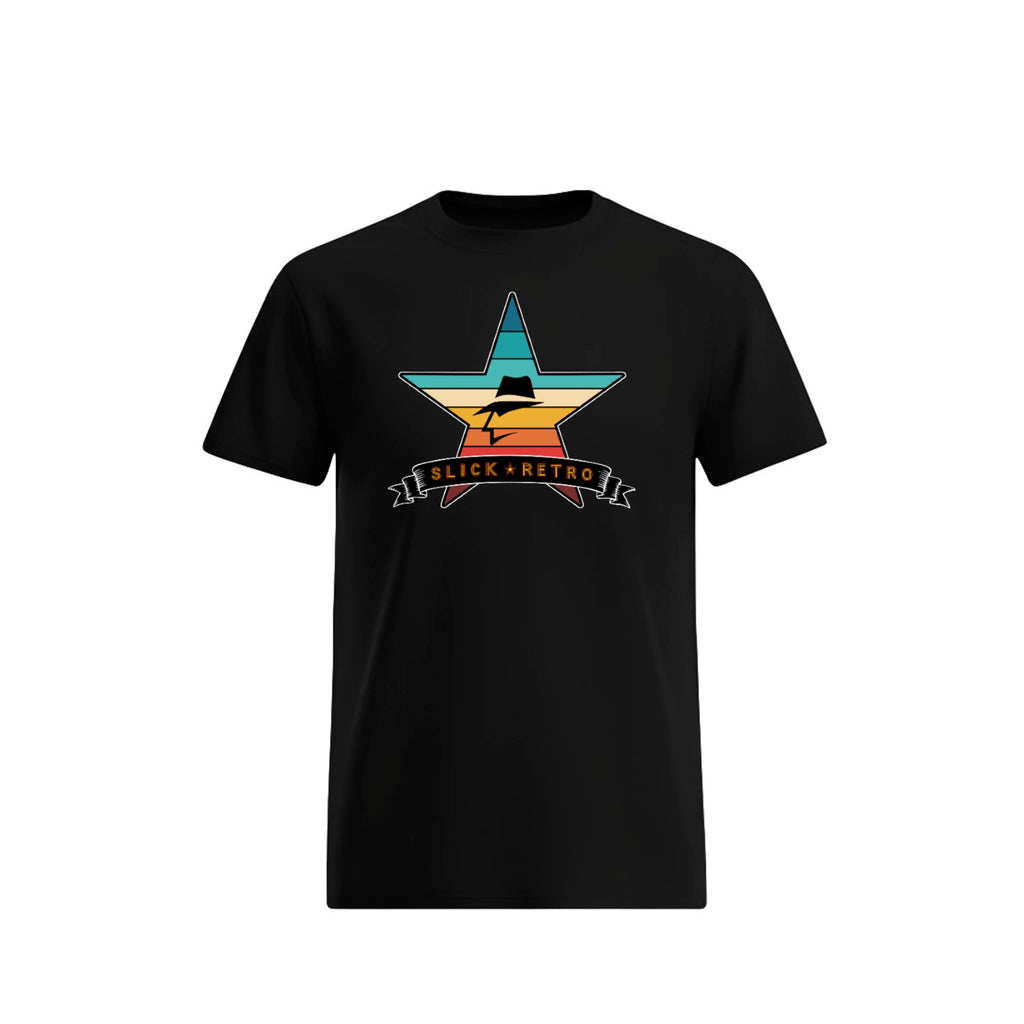 Black t-shirt with a vintage color star graphic and text on a white background