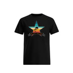 Black t-shirt with a vintage color star graphic and text on a white background