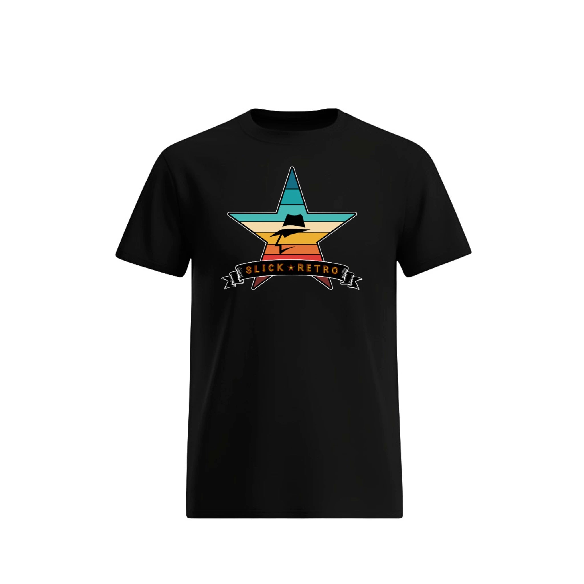 Black t-shirt with a vintage color star graphic and text on a white background