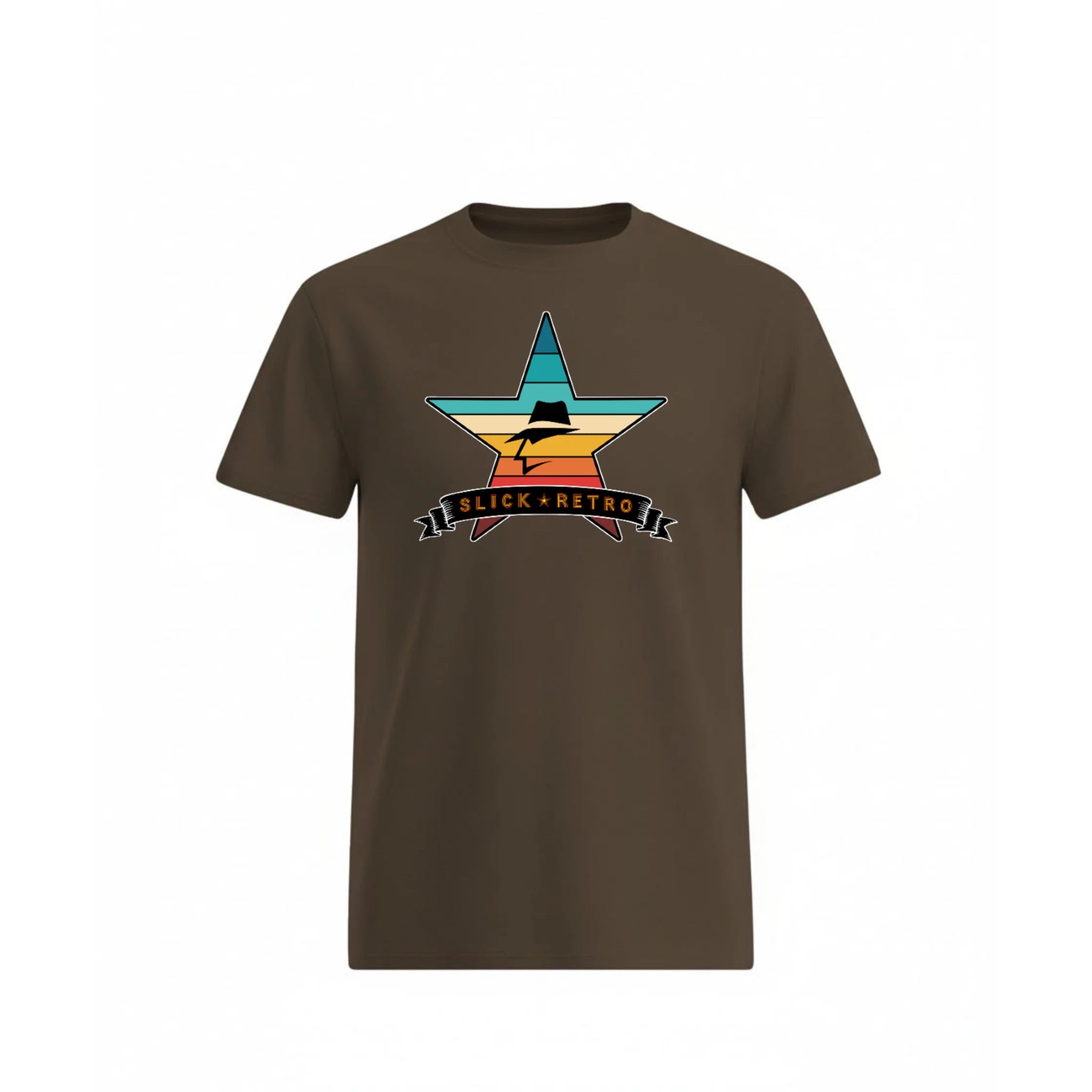 Brown t-shirt with a vintage color star graphic and 'Slick Retro' text on a white background
