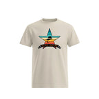 Beige t-shirt with a vintage color star graphic and 'Slick Retro' text on a white background