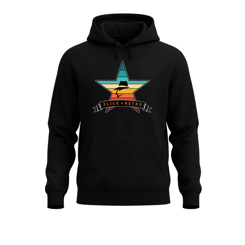 Black hoodie with a vintage color star graphic and 'Slick Retro' text on a white background