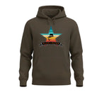 Brown hoodie with a vintage color star graphic and 'Slick Retro' text on a white background