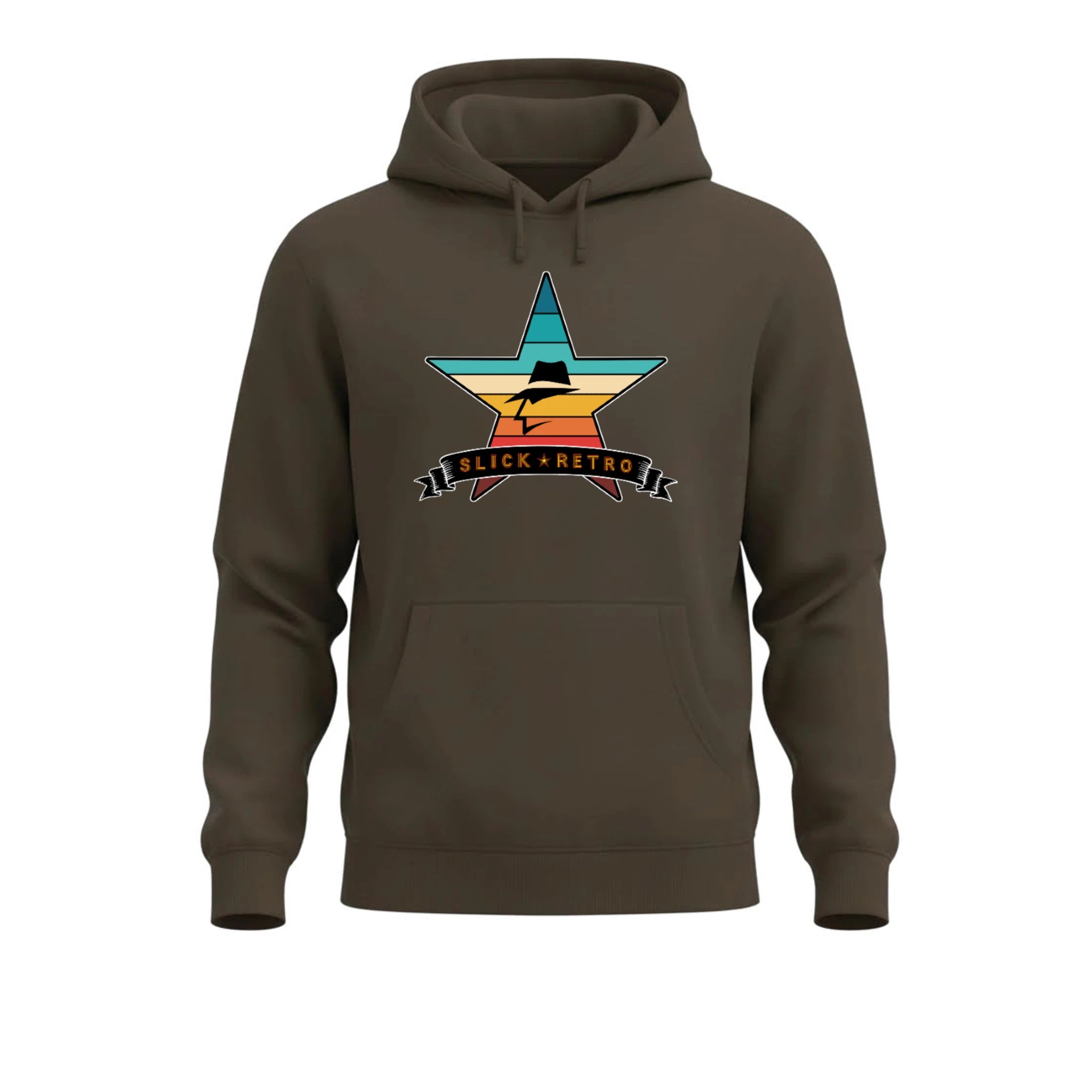 Brown hoodie with a vintage color star graphic and 'Slick Retro' text on a white background