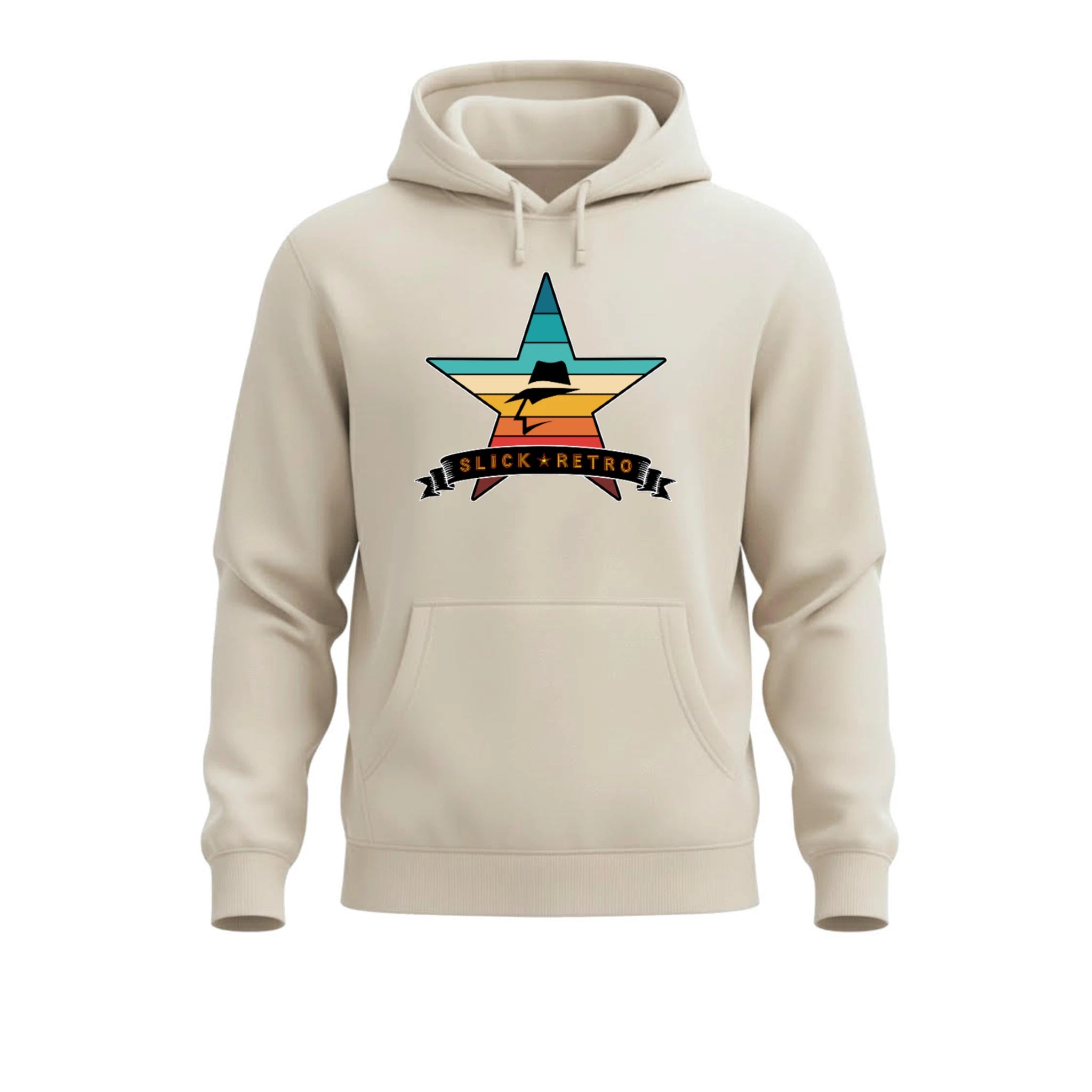 Beige  hoodie with a vintage color star graphic and 'Slick Retro' text on a white background