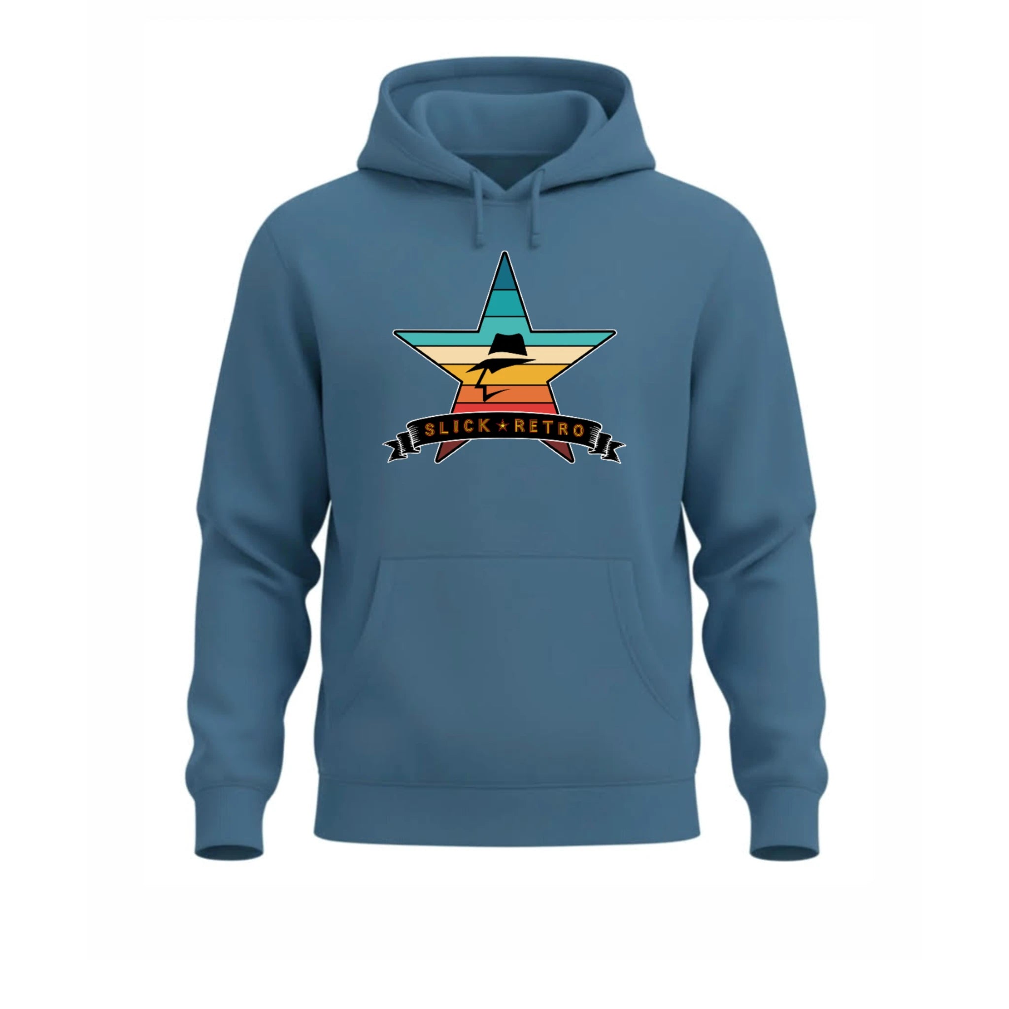 Blue Storm hoodie with a vintage color star graphic and 'Slick Retro' text on a white background