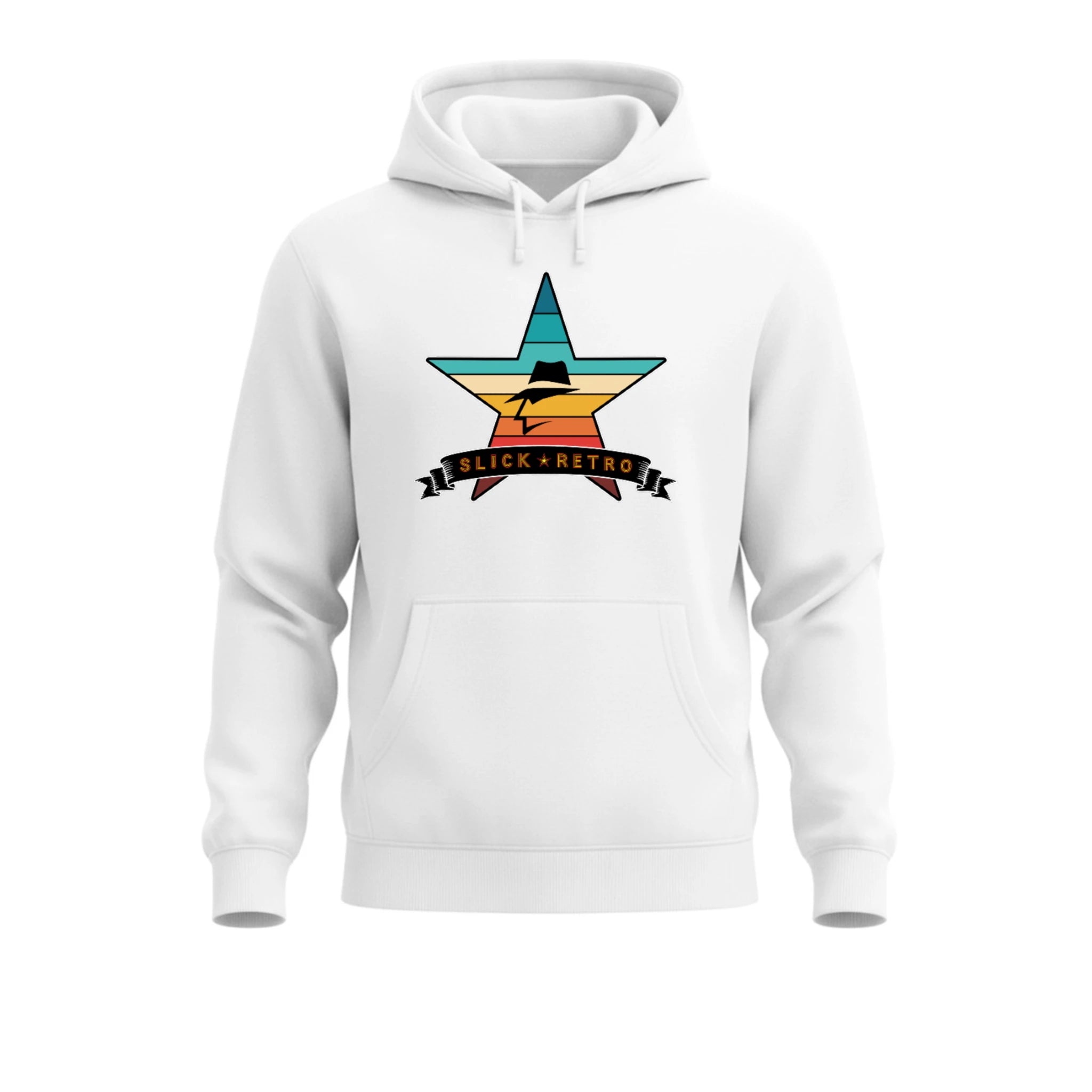 White hoodie with a vintage color star graphic and 'Slick Retro' text on a white background